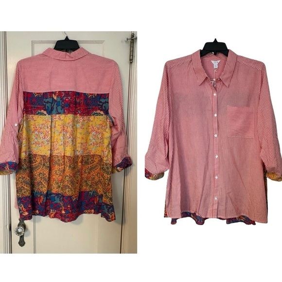 Intro Peach & White Striped Button-Up 3/4 Roll Tab Sleeve Boho Size 3X - Picture 1 of 16